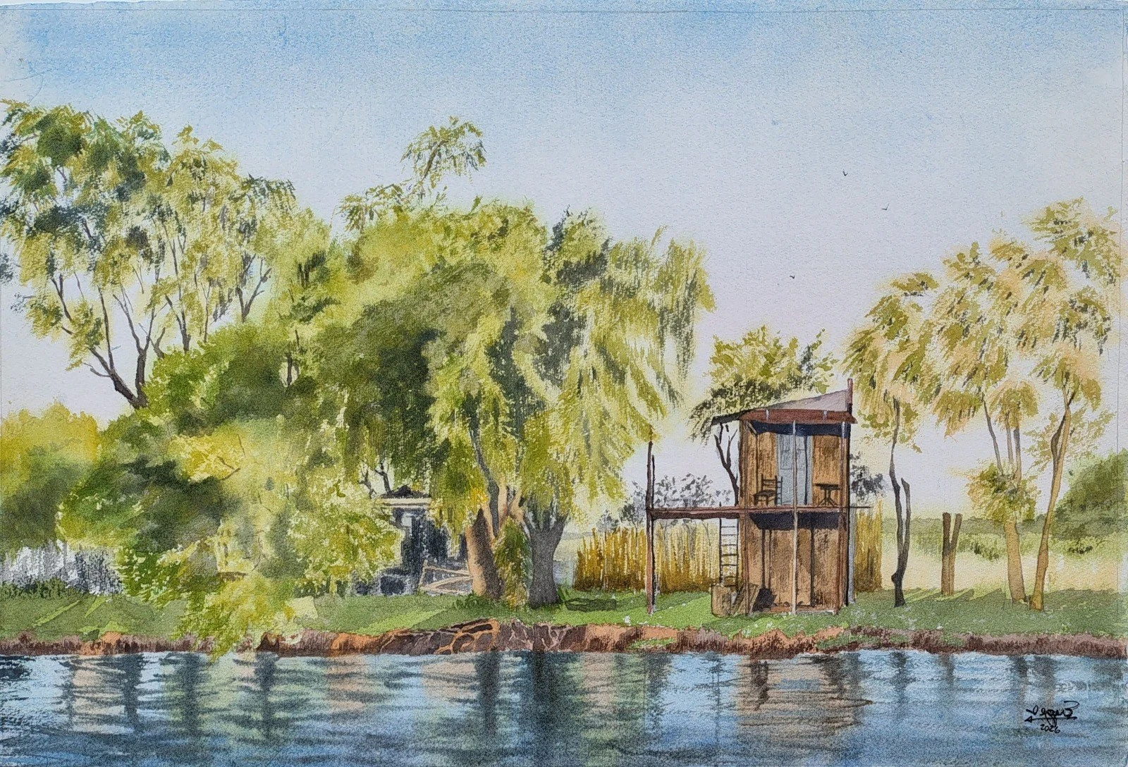Paisaje del río Paraná en acuarela, Eugenia Romero